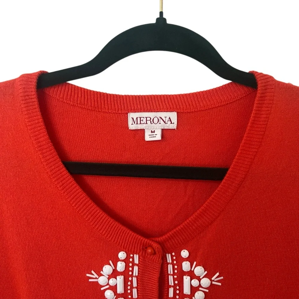 Merona 2010 red/orange beaded button up cardigan sweater size medium long sleeve